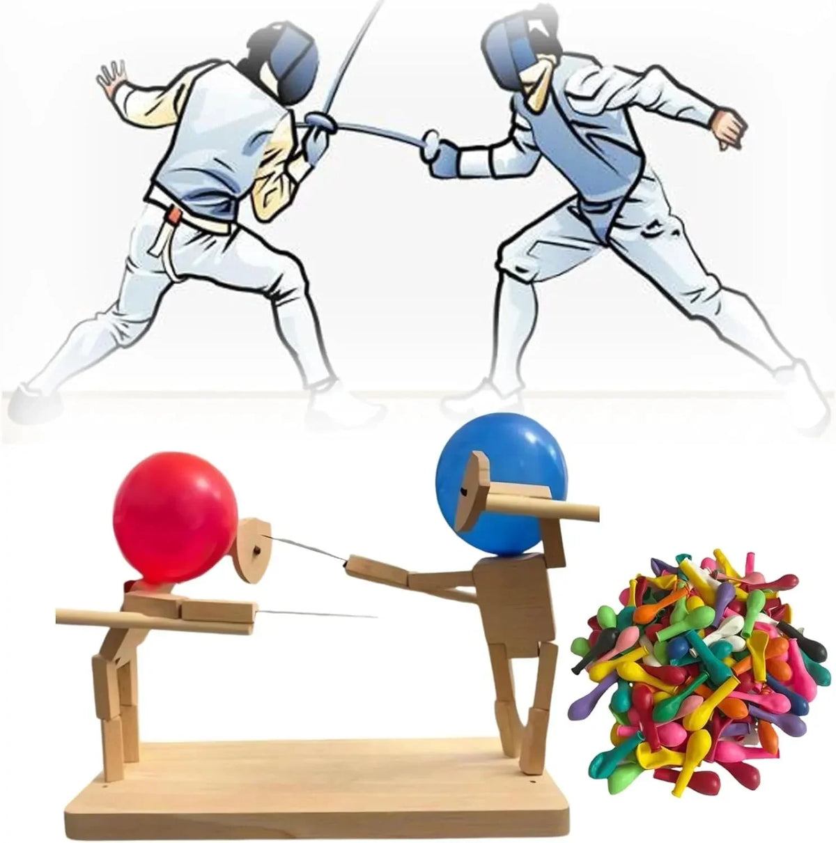 Balloon Pop Game with Wooden Fighter Figures and Bamboo Striker, Party Tabletop Set