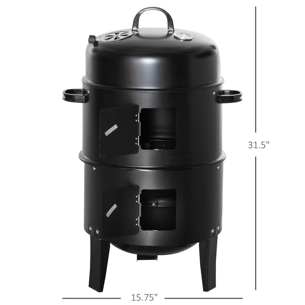Outsunny Vertical Charcoal BBQ Smoker, 3-in-1 16 Round Charcoal Barbecue Grill with 2 Cooking Area, and Thermometer for Outdoor Camping Picnic Backyard Cooking, Black