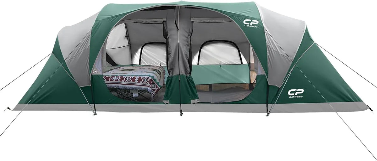 CAMPROS CP Tent 12-Person-Camping-Tents,3 Room Family Tents,Waterproof Windproof Family Tent with Top Rainfly,6 Large Mesh Windows,Double Layer,Easy Set Up, Portable with Carry Bag-20' x 9' x 72(H)