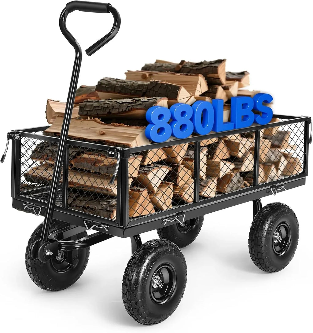 Garden Cart, Heavy Duty 880Lbs Capacity Mesh Steel Garden Cart with Removable Sides to Convert into Flatbed, Utility Metal Wagon with 180° Rotating Handle and 10 in Tires, Black