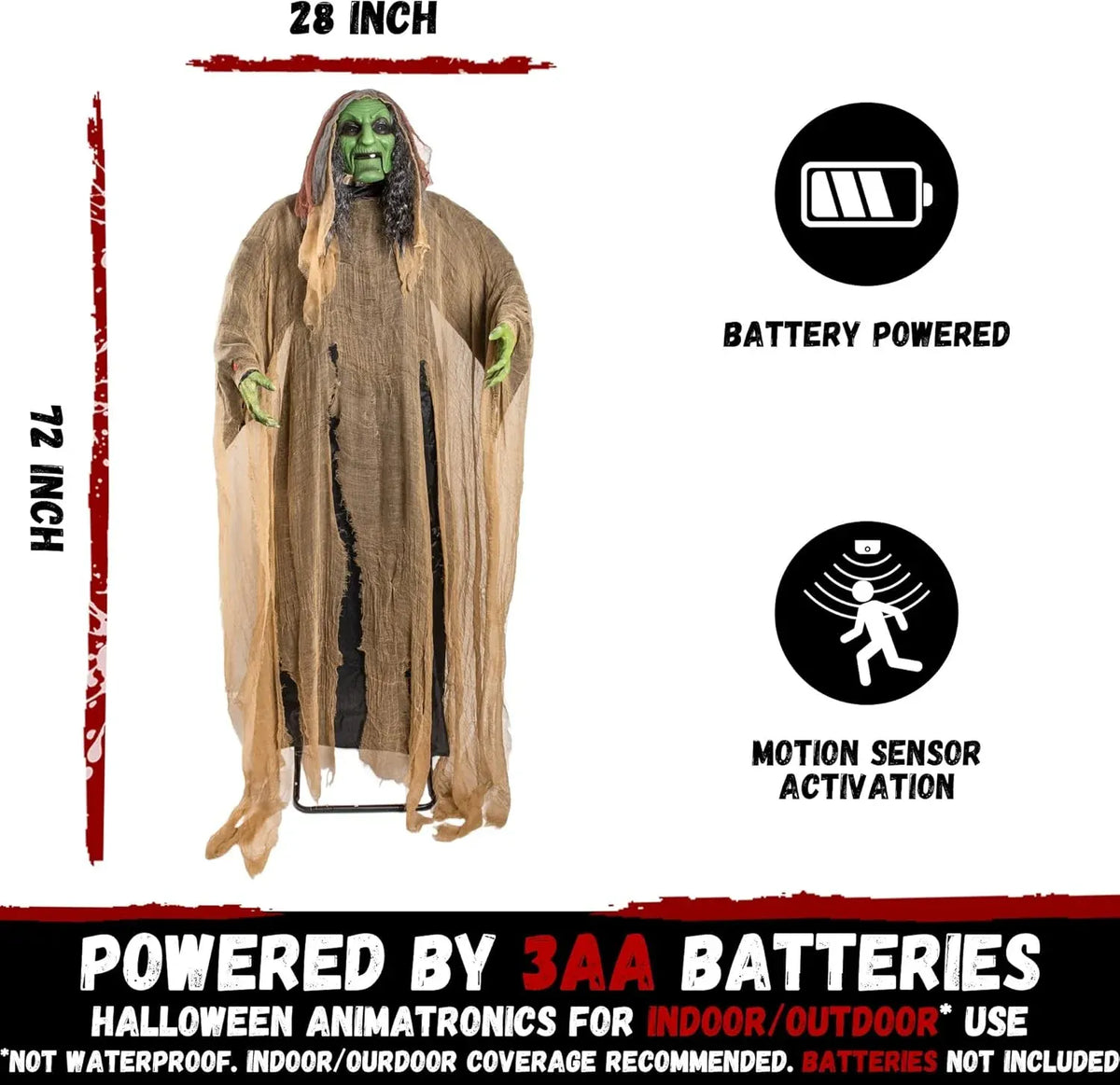 Halloween Animatronics 6ft Witch Animated 72inch Decorations with Motion Sensor Activated, Creepy Sound, Scary Move, Light Up Eyes, Haunted House Spooky Decor Horror Prop for Indoor, Outdoor, Yard