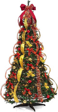 6 ft Fully Decorated Christmas Tree, Gold and Red Collapsible Christmas Tree with 350 Warm Lights, Bows, Ornaments, Holly Leaves and More, Pop Up Xmas Trees with Lights