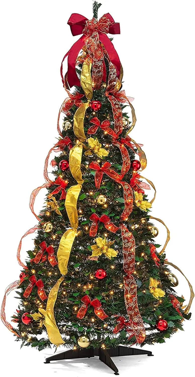 6 ft Fully Decorated Christmas Tree, Gold and Red Collapsible Christmas Tree with 350 Warm Lights, Bows, Ornaments, Holly Leaves and More, Pop Up Xmas Trees with Lights