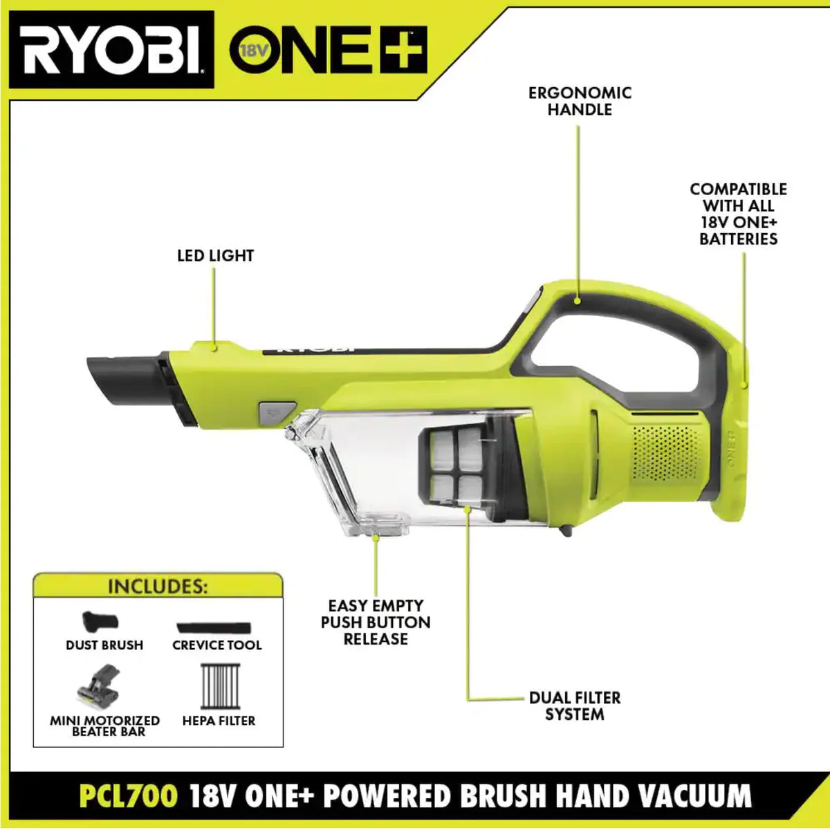 Ryobi One+ 18V Cordless Hand Vacuum With Powered Brush (Tool Only)