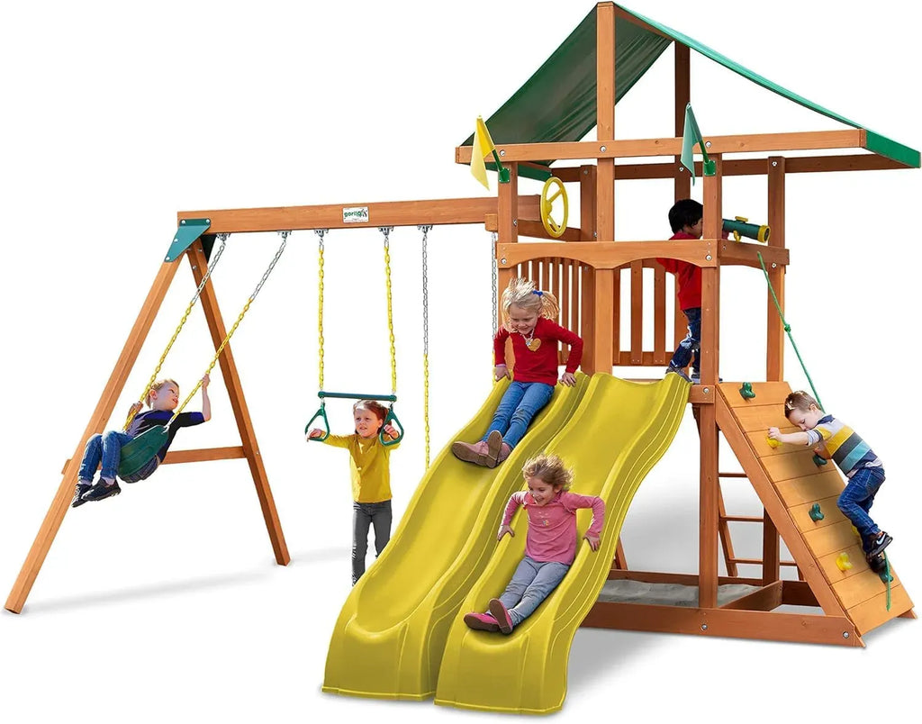 Gorilla Playsets 01-1069-Y Outing Wood Swing Set with Wood Roof and Monkey Bars - Yellow Slide, Amber