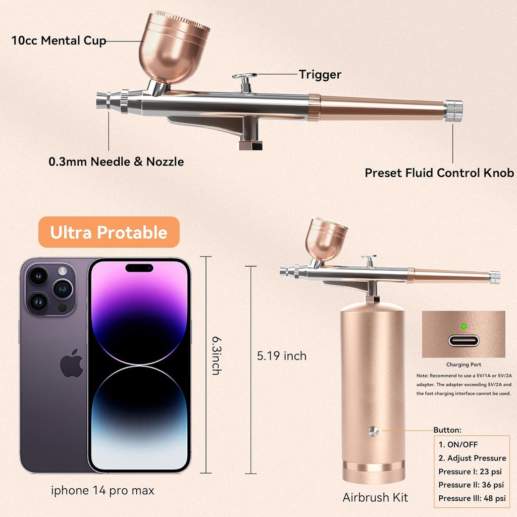 Battery-Powered Airbrush with 0.3mm Precision Nozzle and Three Pressure Settings