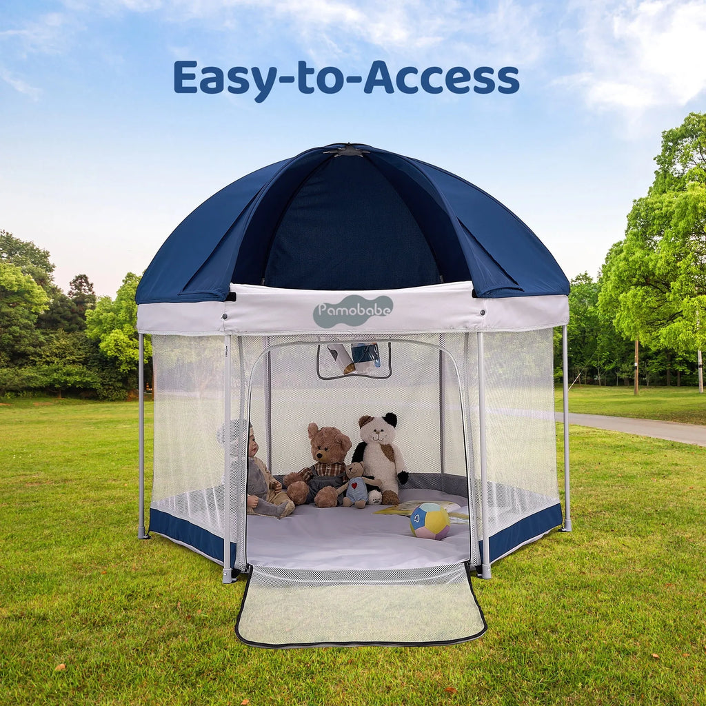 Pamo Babe Outdoor Baby Playpen, Portable, Lightweight, Toddler Playard With Canopy and Travel Bag - Blue