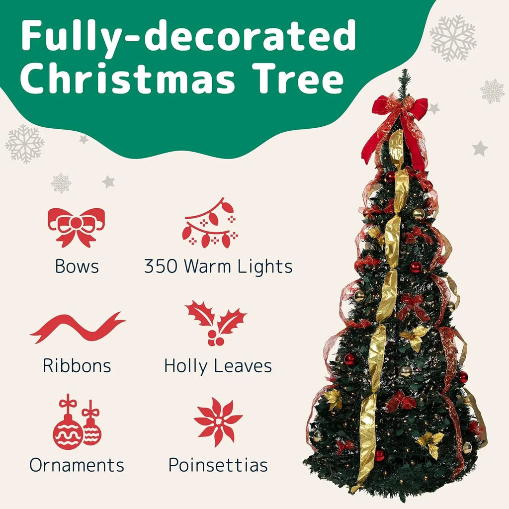 6 ft Fully Decorated Christmas Tree, Gold and Red Collapsible Christmas Tree with 350 Warm Lights, Bows, Ornaments, Holly Leaves and More, Pop Up Xmas Trees with Lights