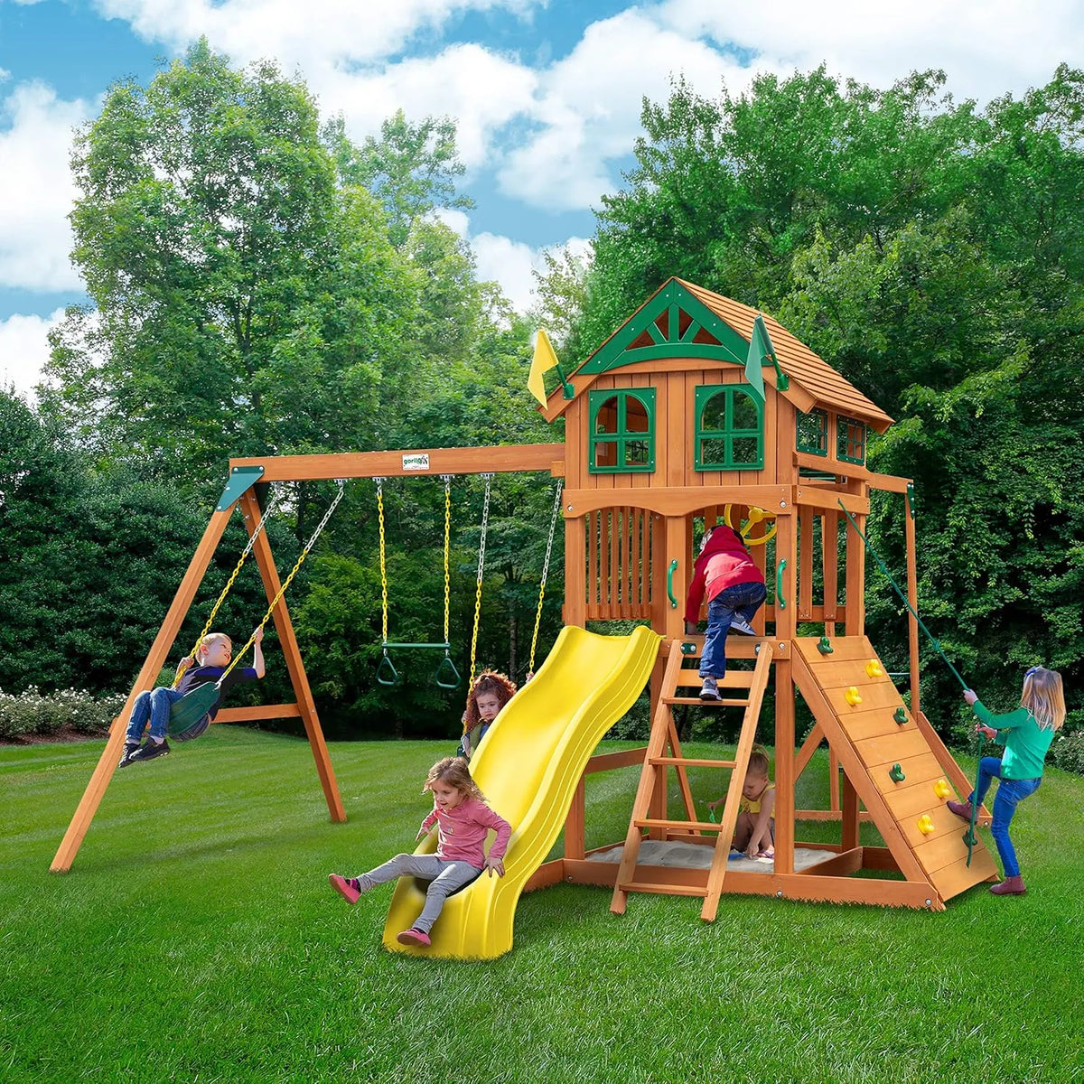 Gorilla Playsets 01-1069-Y Outing Wood Swing Set with Wood Roof and Monkey Bars - Yellow Slide, Amber