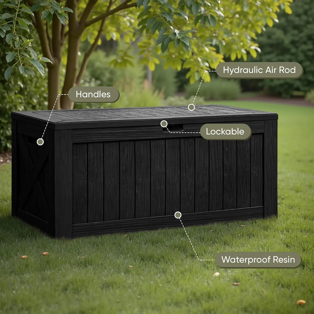 Flamaker Resin Deck Box 120 Gallon Waterproof Large Outdoor Indoor Storage Box Imitation Wood Resin for Patio Furniture Garden Tools and Pool (Black)