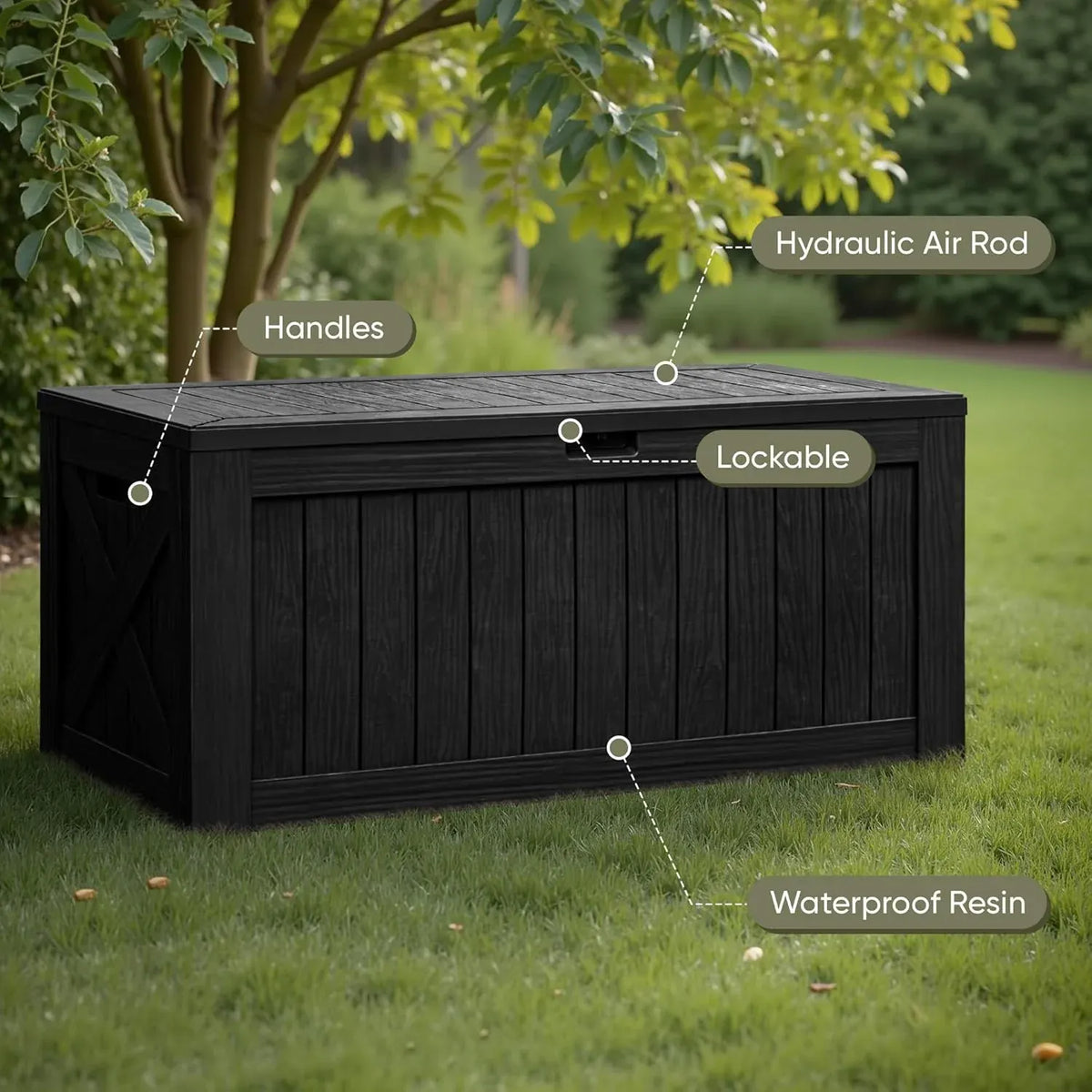 Flamaker Resin Deck Box 120 Gallon Waterproof Large Outdoor Indoor Storage Box Imitation Wood Resin for Patio Furniture Garden Tools and Pool (Black)