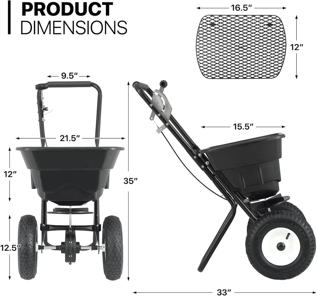 MoNiBloom 125 lb Walk-Behind Broadcast Spreader for Fertilizer, Grass Seed, Salt & Ice Melt, Heavy Duty Lawn, Garden & Farm Seeder with Rain Cover, Durable Design for Yards, Fields & Uneven Terrain
