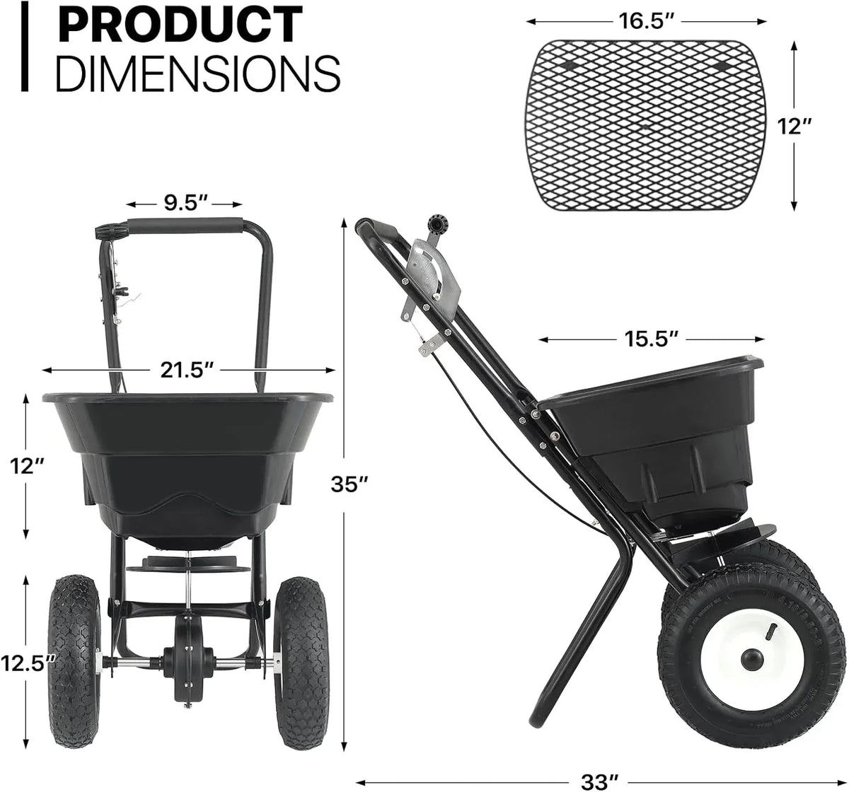 MoNiBloom 125 lb Walk-Behind Broadcast Spreader for Fertilizer, Grass Seed, Salt & Ice Melt, Heavy Duty Lawn, Garden & Farm Seeder with Rain Cover, Durable Design for Yards, Fields & Uneven Terrain