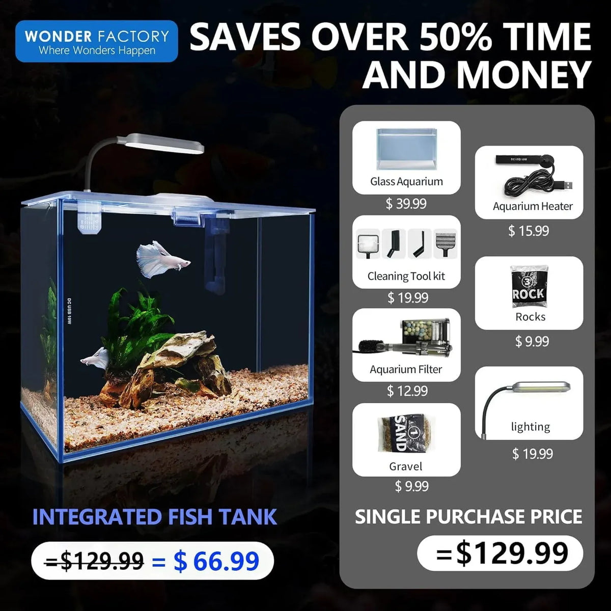 Small Aquarium Starter Kit, 2.6 Gallon Glass Betta Fish Tank with Heater Self Cleaning System Efficiency Filter Bright Light Rocks Gravel Cleaning Tool Set, Leak-Proof Ultra-Clear Rimless Desktop Tank