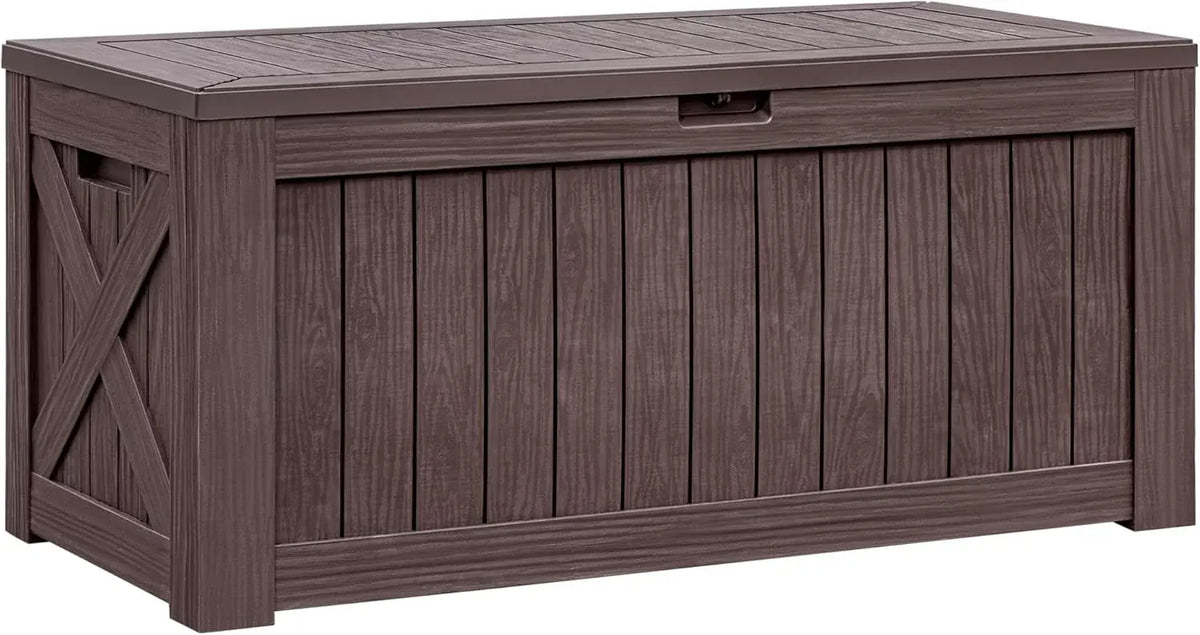 Flamaker Resin Deck Box 120 Gallon Waterproof Large Outdoor Indoor Storage Box Imitation Wood Resin for Patio Furniture Garden Tools and Pool (Black)