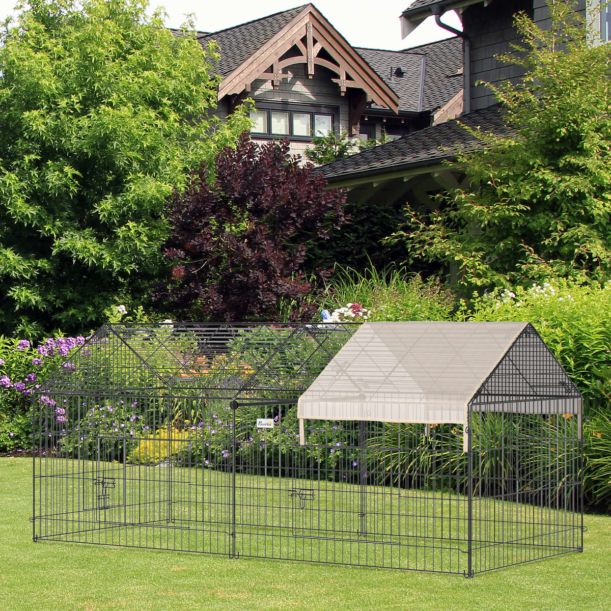 PawHut Catio Metal Chicken Coop, 86.5 x 40.5 Portable Small Animal Playpen for Rabbit, Outdoor Dog Kennel with Water-resistant Cover, Beige