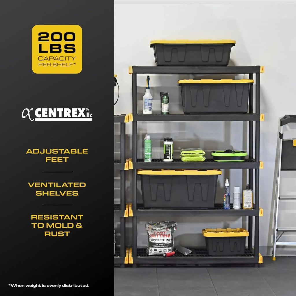 Black & YellowÂ®, 5-Tier Heavy Duty Plastic Storage Shelving Unit, 200lbs/shelf (72âH x 48âW x 20âD), for Indoor/Outdoor Organization, Modular Rack