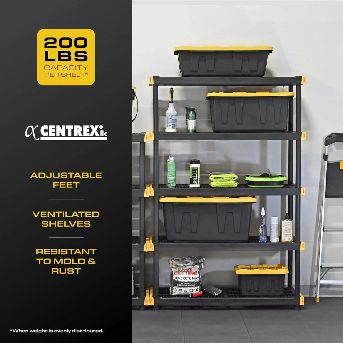 Black & YellowÂ®, 5-Tier Heavy Duty Plastic Storage Shelving Unit, 200lbs/shelf (72âH x 48âW x 20âD), for Indoor/Outdoor Organization, Modular Rack