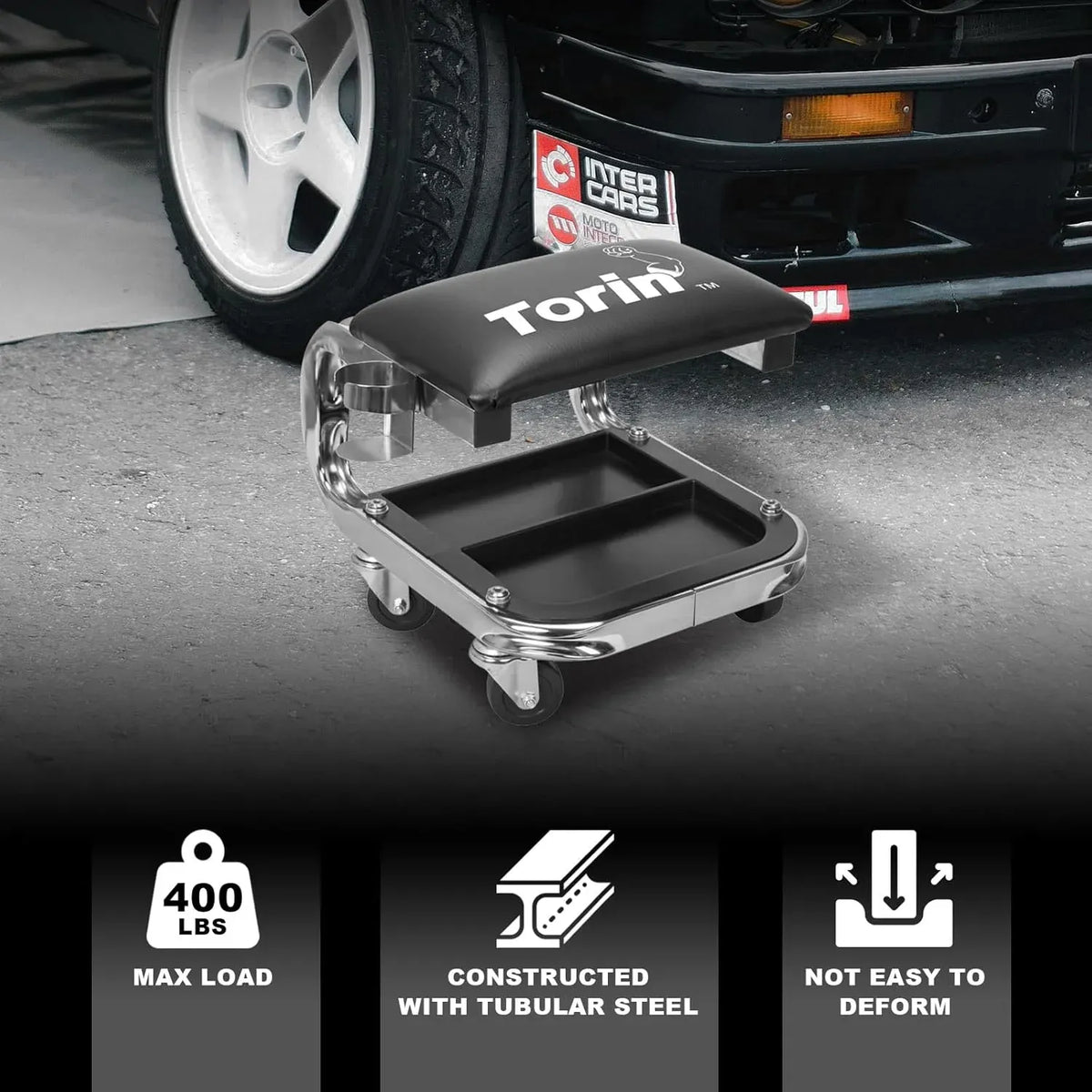 AR7451B Heavy Duty Rolling Creeper Garage/Shop Seat: Padded Mechanic Stool with Tool Tray Storage and Cup Holder, Black