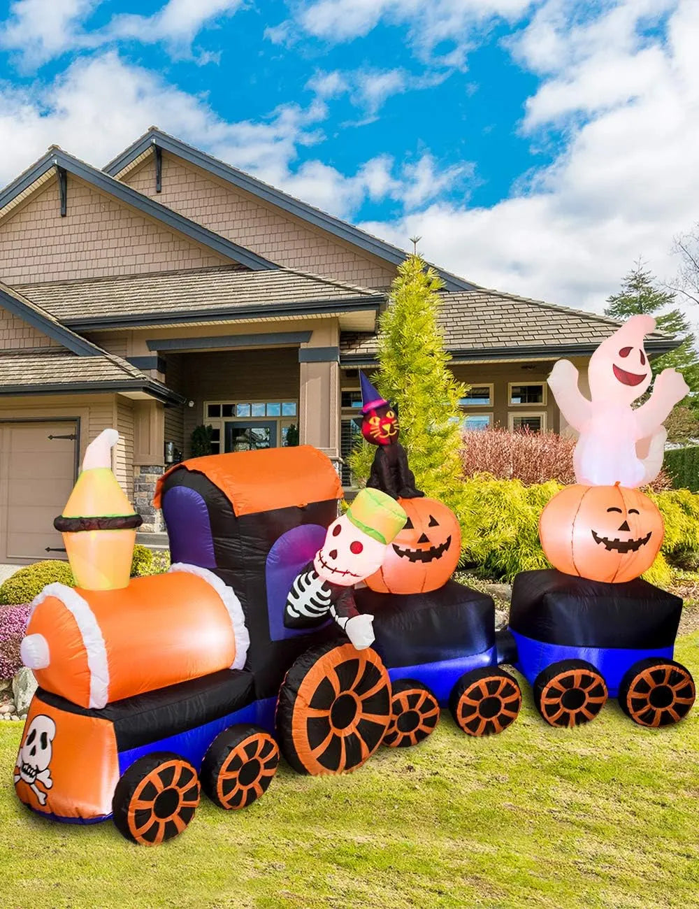 9 Feet Halloween Inflatable Train with Kittens White Ghosts/Pumpkin with LED Lights Blow up Lighted Yard Decor Giant Lawn Halloween Inflatable Home Garden Party Favor Decoration