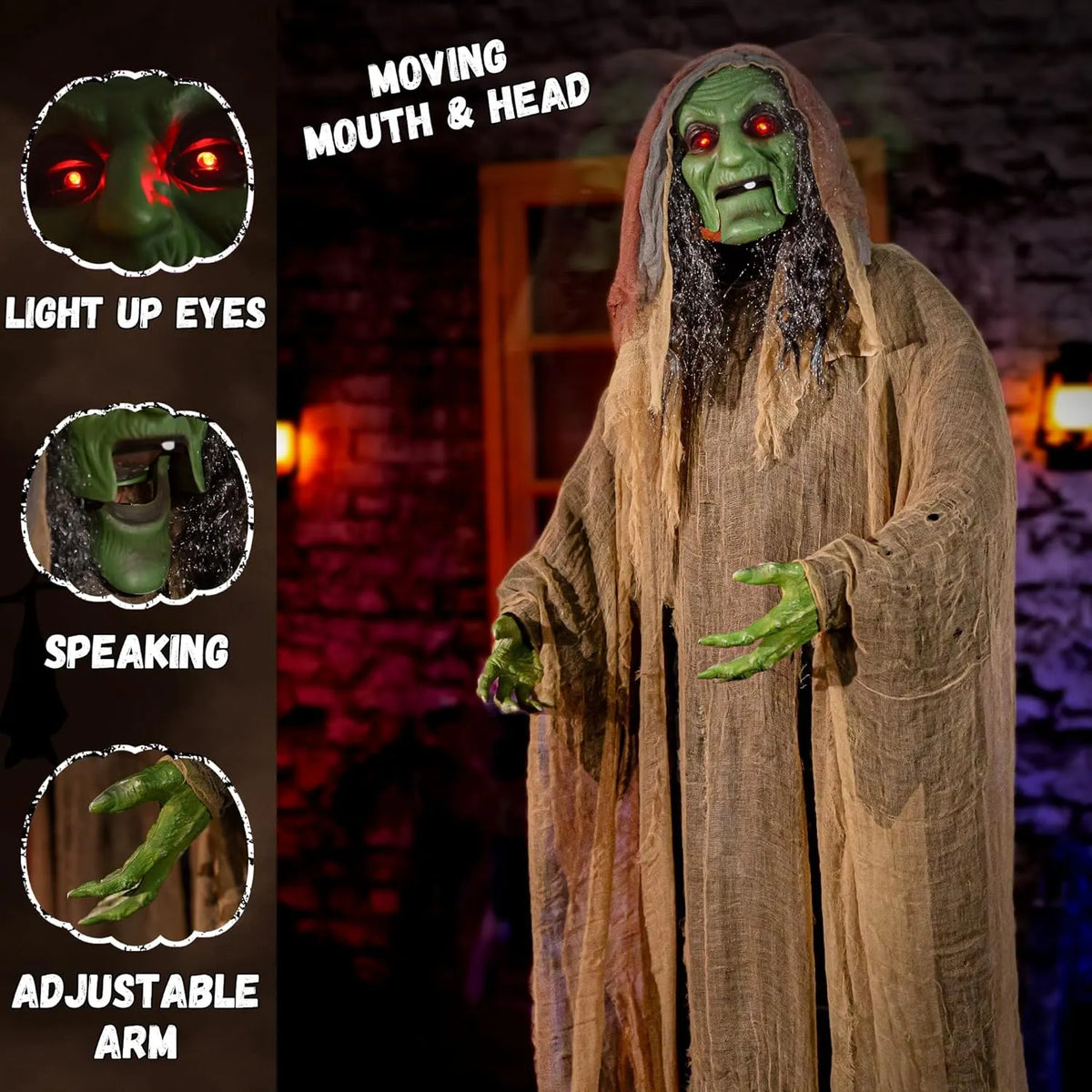 Halloween Animatronics 6ft Witch Animated 72inch Decorations with Motion Sensor Activated, Creepy Sound, Scary Move, Light Up Eyes, Haunted House Spooky Decor Horror Prop for Indoor, Outdoor, Yard