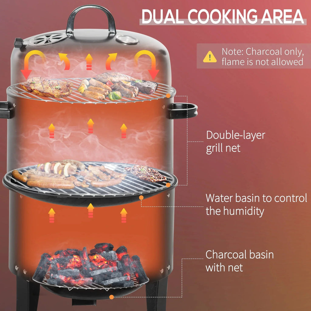 Outsunny Vertical Charcoal BBQ Smoker, 3-in-1 16 Round Charcoal Barbecue Grill with 2 Cooking Area, and Thermometer for Outdoor Camping Picnic Backyard Cooking, Black