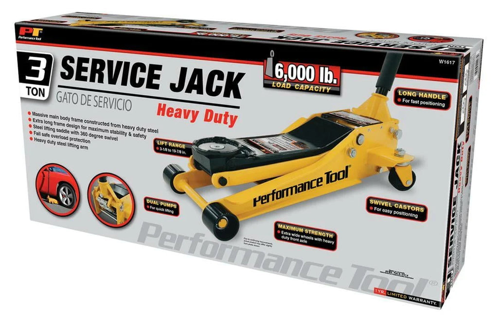 Performance Tool W1617 3-Ton 6,000 lb Heavy Duty Steel Garage Service Jack, 3-1/8 to 19-7/8 Lift