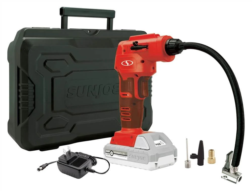 Sun Joe 24V-AJC-LTE-RED Cordless Portable Air Compressor with Nozzle Adapters, Automatic Digital Pressure Gauge, Built-in LED Light & Case | 24-Volt | 2.0-Amp (Red)