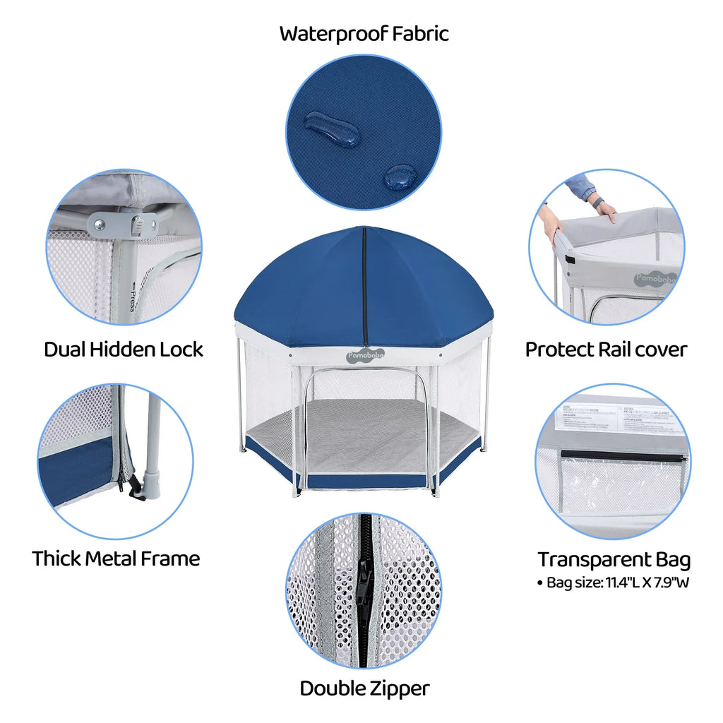 Pamo Babe Outdoor Baby Playpen, Portable, Lightweight, Toddler Playard With Canopy and Travel Bag - Blue