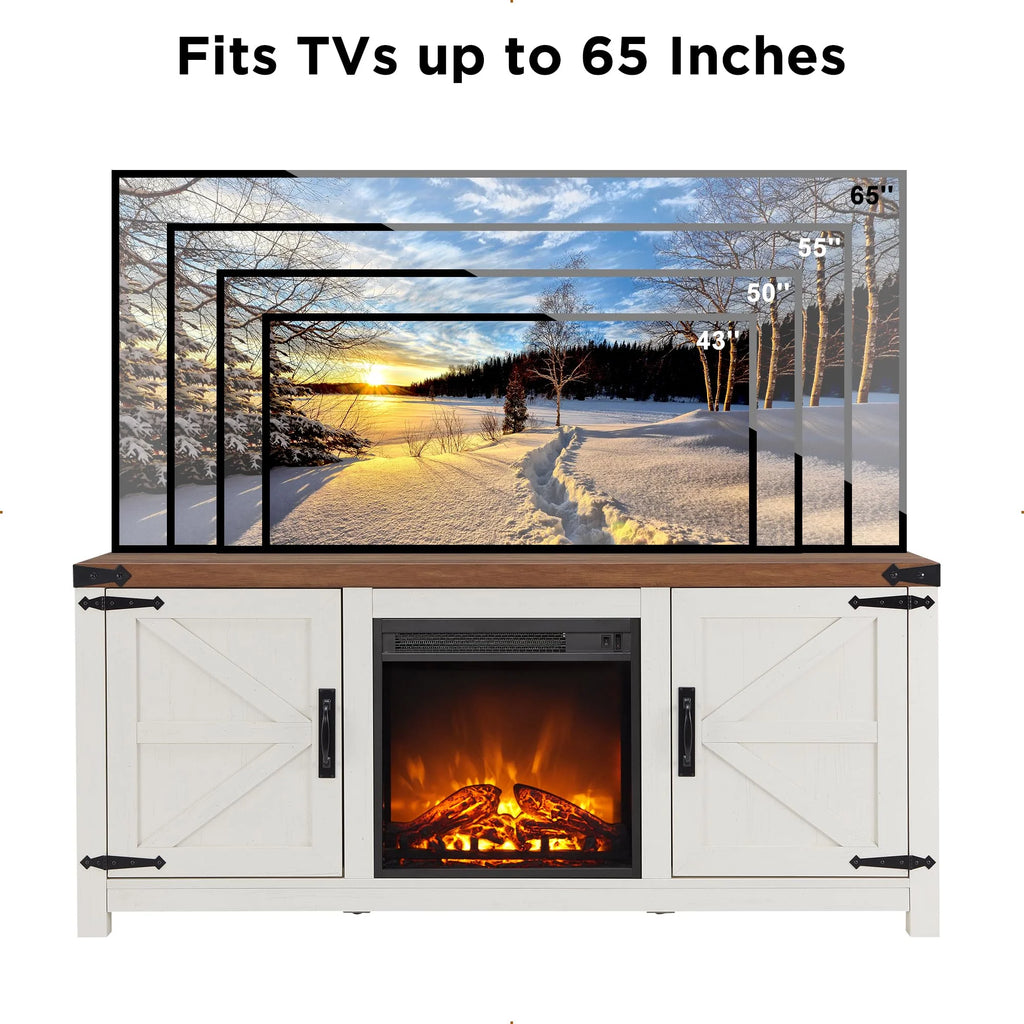 T4TREAM Fireplace TV Stand for 65 Inch TV, Farmhouse Barn Door Media Console, Entertainment Center with 18 Electric Fireplace Storage Cabinet Doors,for Living Room, 58 Inch, Antique White