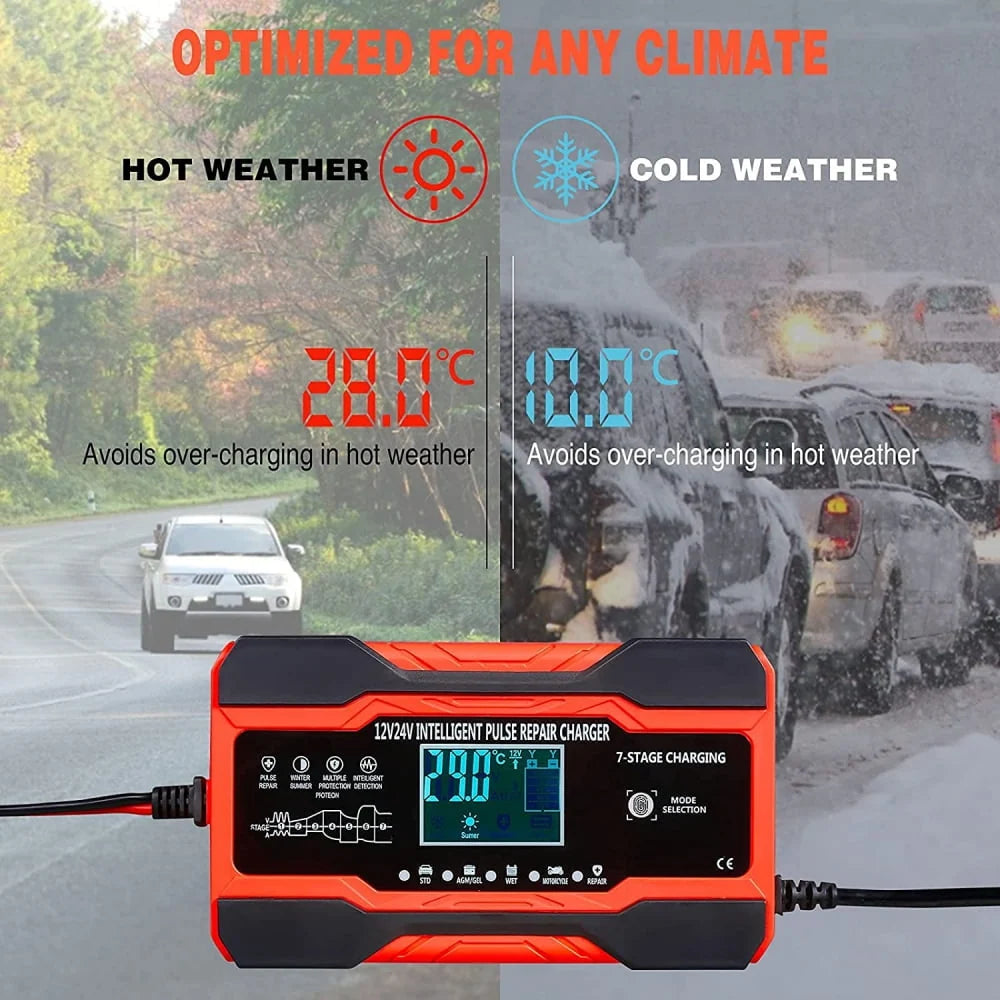 10-Amp Battery Charger Automotive, 24V And 12V Car Battery Charger, Battery Maintainer with Temperature Compensation for Car, Lawn Mower, Motorcycle, Boat, SUV And More