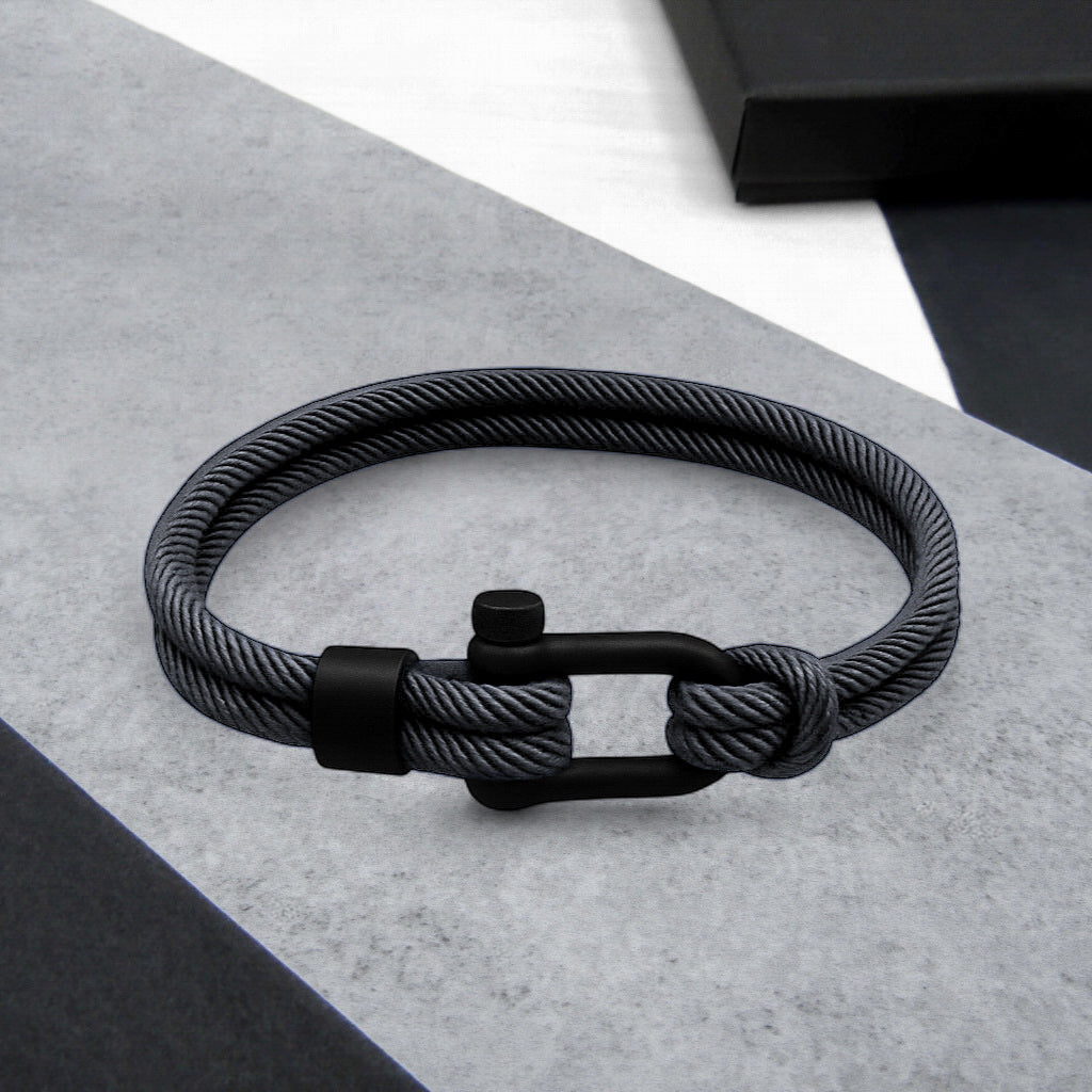 Double-Strand Rope Bracelet with Matt Black D-Shackle and Nautical Style, Fits 7-8