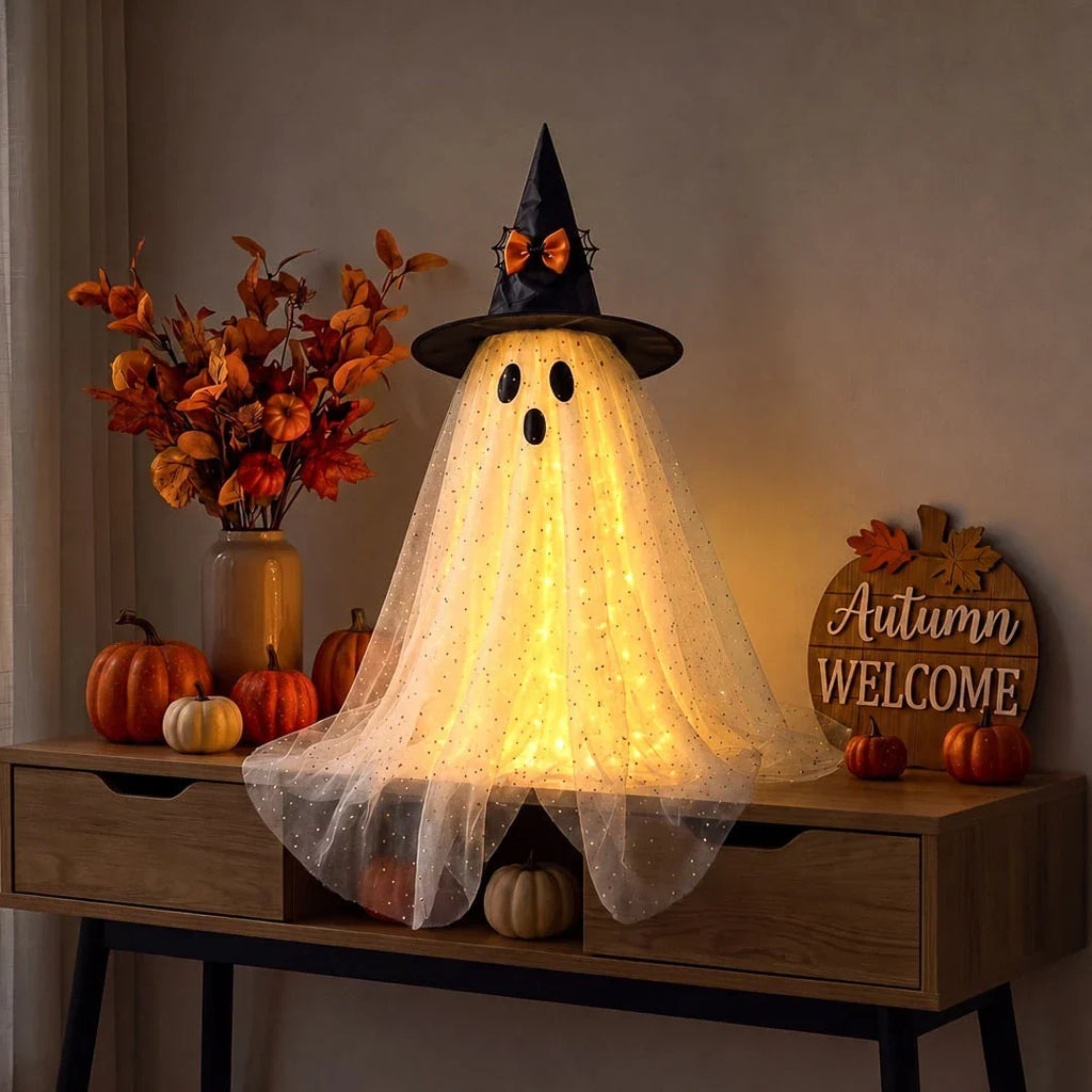 Battery Powered Ghost Decoration with Sparkly Tulle and Witch Hat, 23 Inches