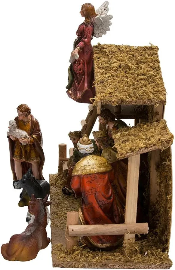 Kurt Adler 12-Piece Wooden Stable Nativity Set, Brown