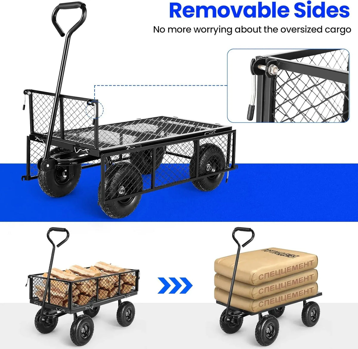 Garden Cart, Heavy Duty 880Lbs Capacity Mesh Steel Garden Cart with Removable Sides to Convert into Flatbed, Utility Metal Wagon with 180° Rotating Handle and 10 in Tires, Black
