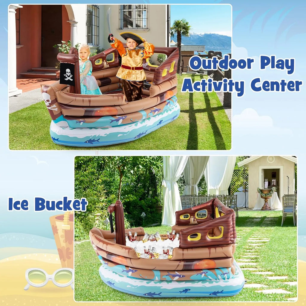 Goplus Inflatable Pirate Ship, Blow up Playscape with Built in Motor, Inflatable Toy Sword & Pirate Hat,Kids Toddlers Playhouse for Indoor Outdoor Backyard