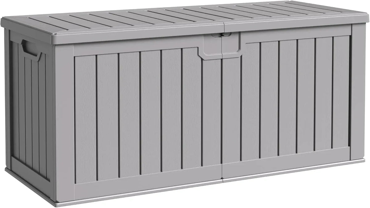 Flamaker Resin Deck Box 120 Gallon Waterproof Large Outdoor Indoor Storage Box Imitation Wood Resin for Patio Furniture Garden Tools and Pool (Black)