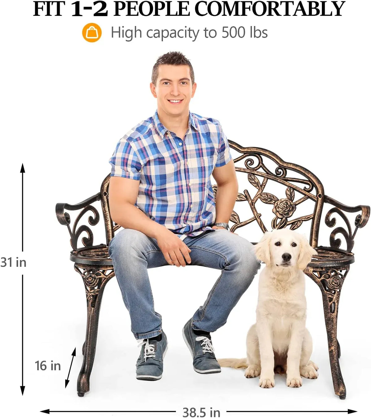 38.5 Patio Park Garden Outdoor Metal Rose Bench,Cast Iron Cast Aluminium Frame Antique Finish Chair,Accented Lawn Front Porch Path Yard Decor Deck Furniture for 2 Person Seatï1⁄4Bronze