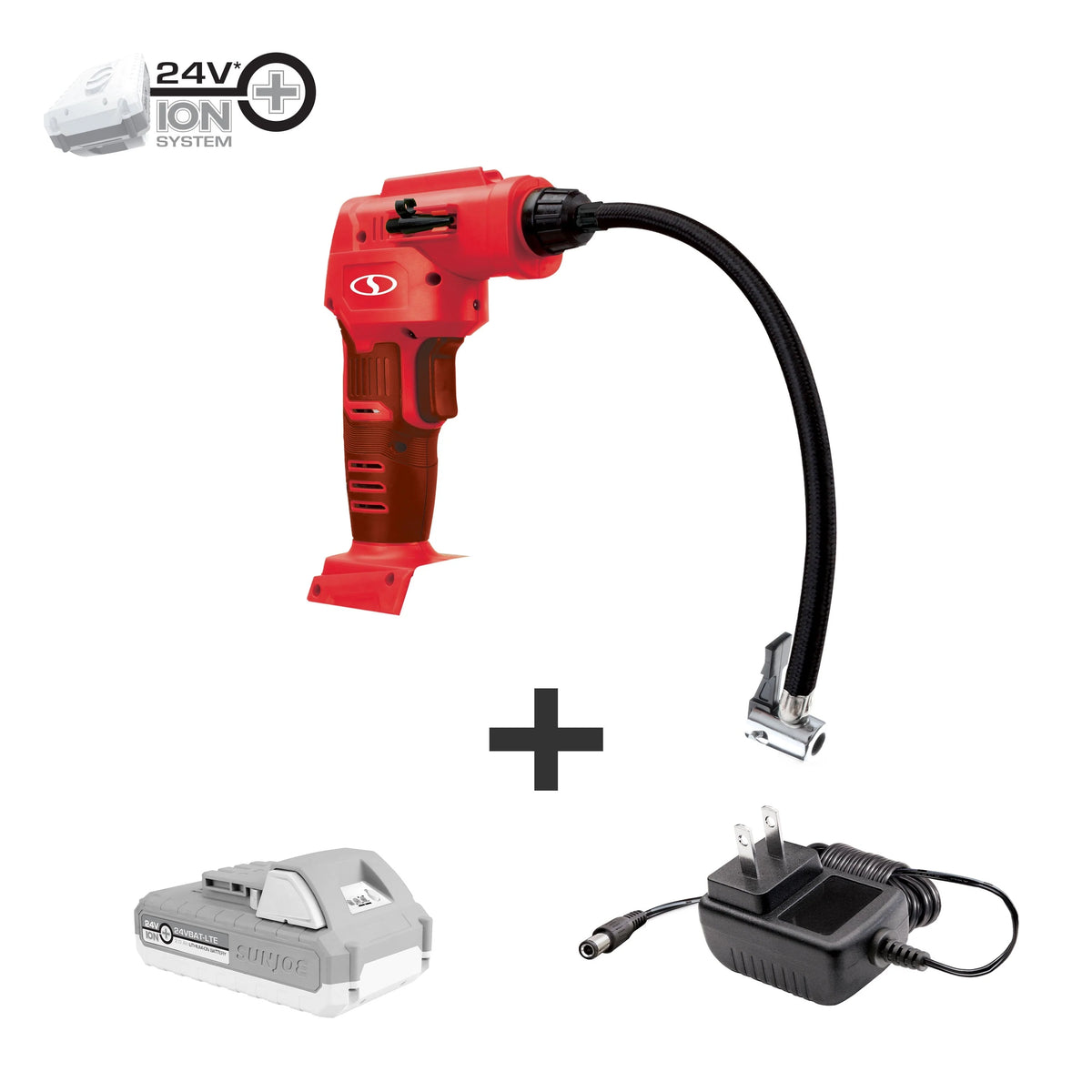 Sun Joe 24V-AJC-LTE-RED Cordless Portable Air Compressor with Nozzle Adapters, Automatic Digital Pressure Gauge, Built-in LED Light & Case | 24-Volt | 2.0-Amp (Red)