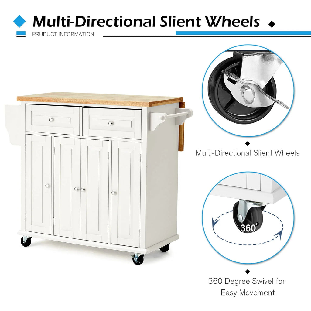 Rolling Kitchen Island Cart with Storage�� Kitchen Cart with Drop-Leaf Rubber Wood Tabletop�� Lockable Wheels�� Trolley Cart Utility Cabinet�� Towel Rack�� Spice Rack Off-White