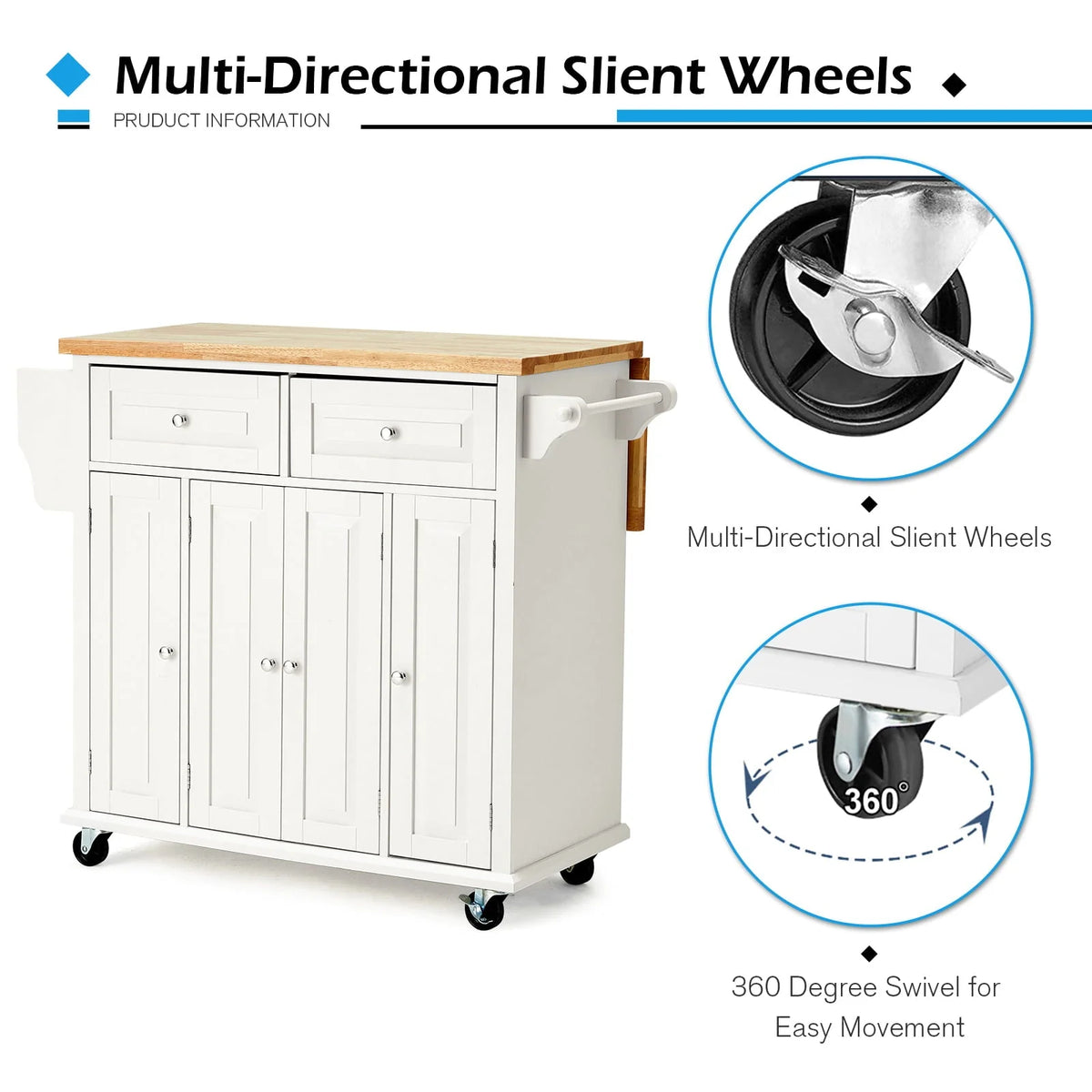 Rolling Kitchen Island Cart with Storage�� Kitchen Cart with Drop-Leaf Rubber Wood Tabletop�� Lockable Wheels�� Trolley Cart Utility Cabinet�� Towel Rack�� Spice Rack Off-White