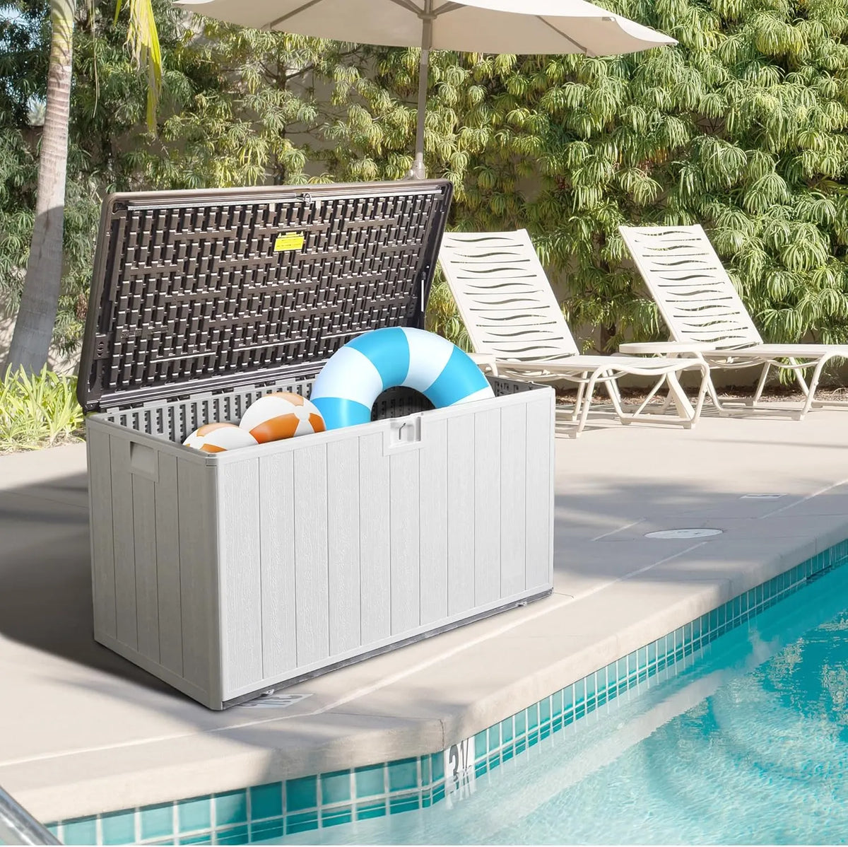 45 Gallon Waterproof Deck Box, Lockable Resin Storage Box for Patio Furniture Cushions Garden Tools and Outdoor Delivery Storage, Coffee