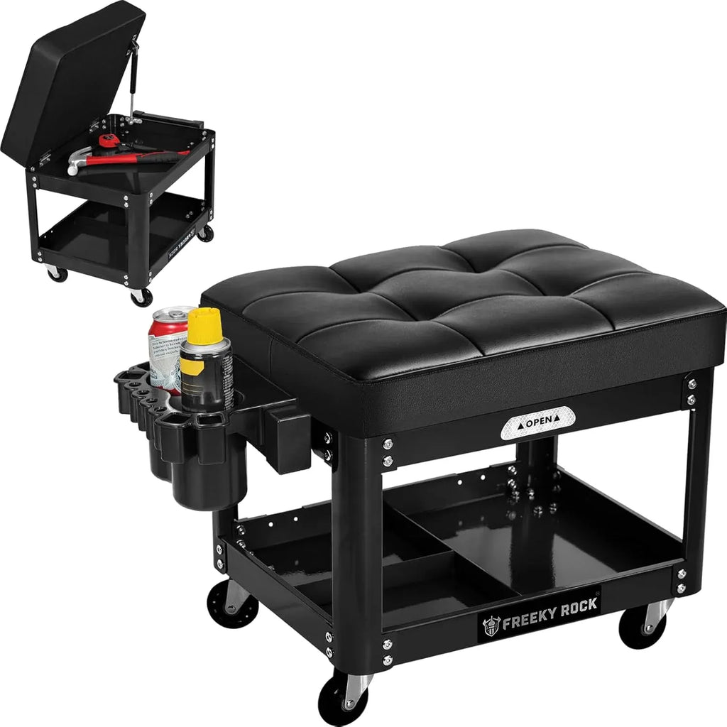 Rolling Mechanic Shop Stool with Wheels, Garage Mechanics Stool with 2 Layer Repair Tools Tray, Padded 360° Swivel Automotive Roller Creeper Seat Shop Chair, Heavy Duty, 330 LBS Capacity, Yellow