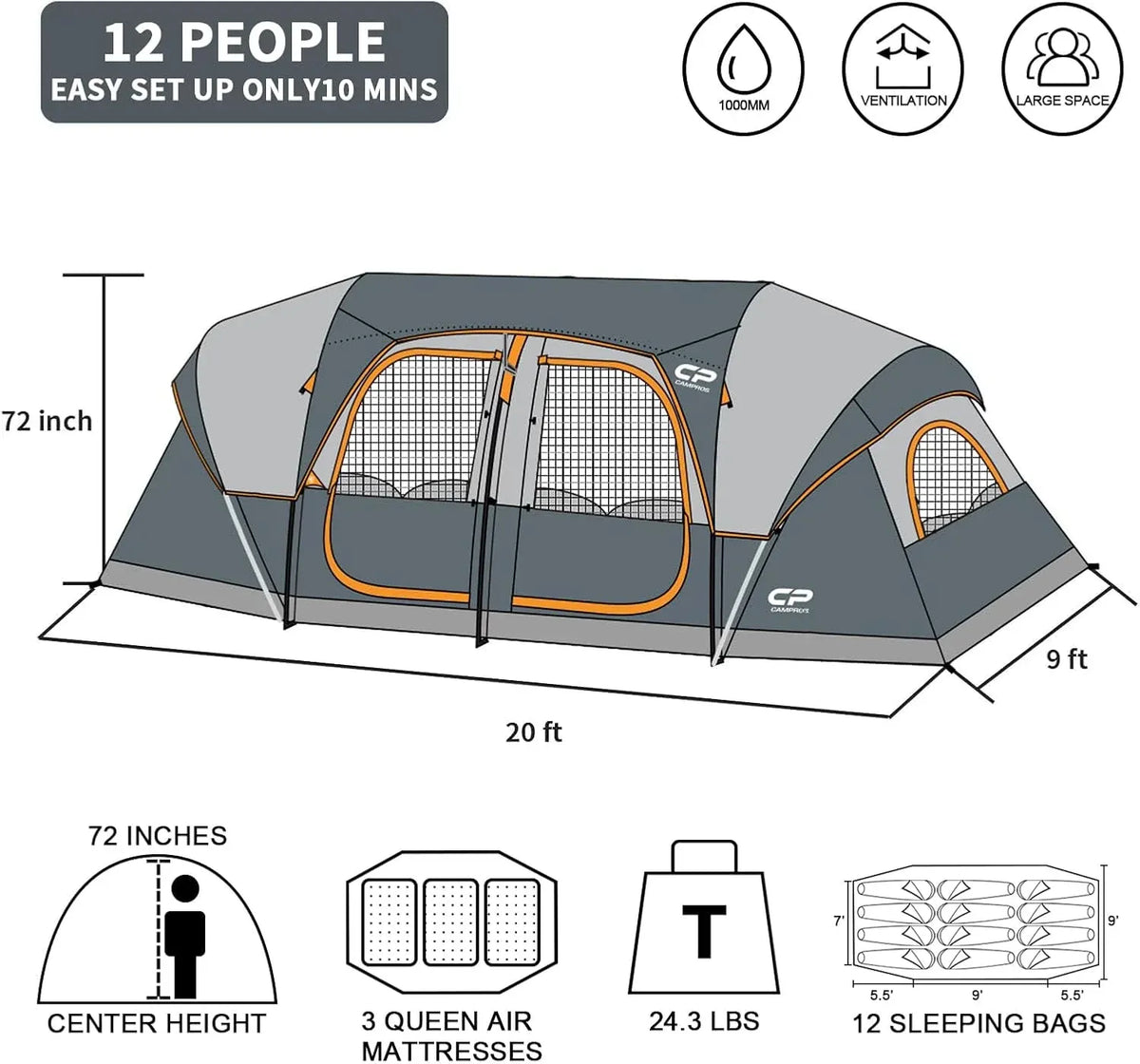 CAMPROS CP Tent 12-Person-Camping-Tents,3 Room Family Tents,Waterproof Windproof Family Tent with Top Rainfly,6 Large Mesh Windows,Double Layer,Easy Set Up, Portable with Carry Bag-20' x 9' x 72(H)