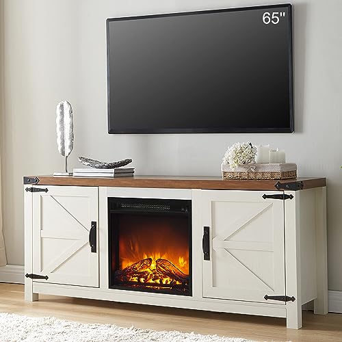T4TREAM Fireplace TV Stand for 65 Inch TV, Farmhouse Barn Door Media Console, Entertainment Center with 18 Electric Fireplace Storage Cabinet Doors,for Living Room, 58 Inch, Antique White