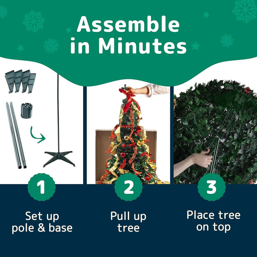 6 ft Fully Decorated Christmas Tree, Gold and Red Collapsible Christmas Tree with 350 Warm Lights, Bows, Ornaments, Holly Leaves and More, Pop Up Xmas Trees with Lights