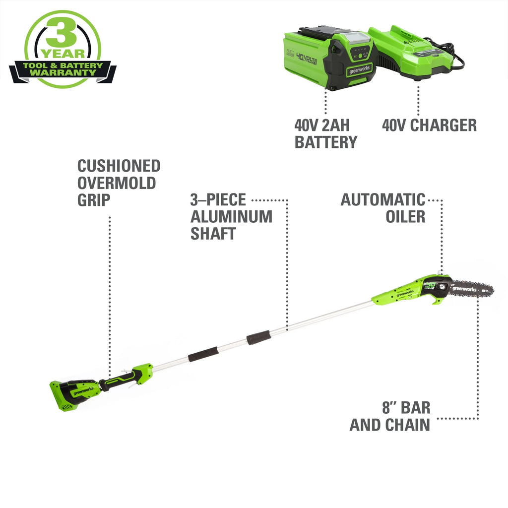 Greenworks 40V 8 Cordless Pole Saw with 2.0 Ah Battery and Charger， 1403702