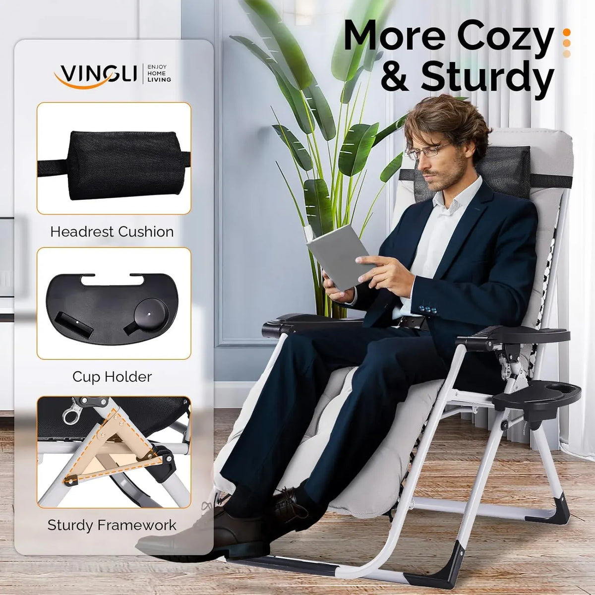 Padded Zero Gravity Chair, Lounge Chair with Removable Cushion & Tray, Folding Reclining Patio Chairs, Recliner Chair for Lawn,Indoor and Outdoor