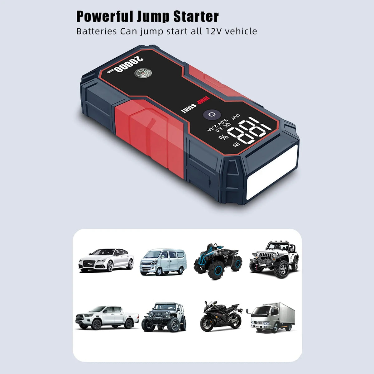 Andoer Portable Car Jump Starter 20000mAh 12V Car Battery Starter(up to 5.0L Gas, 3.5L Diesel Engines),USB Quick Charge, Fast Wireless and Flashlight