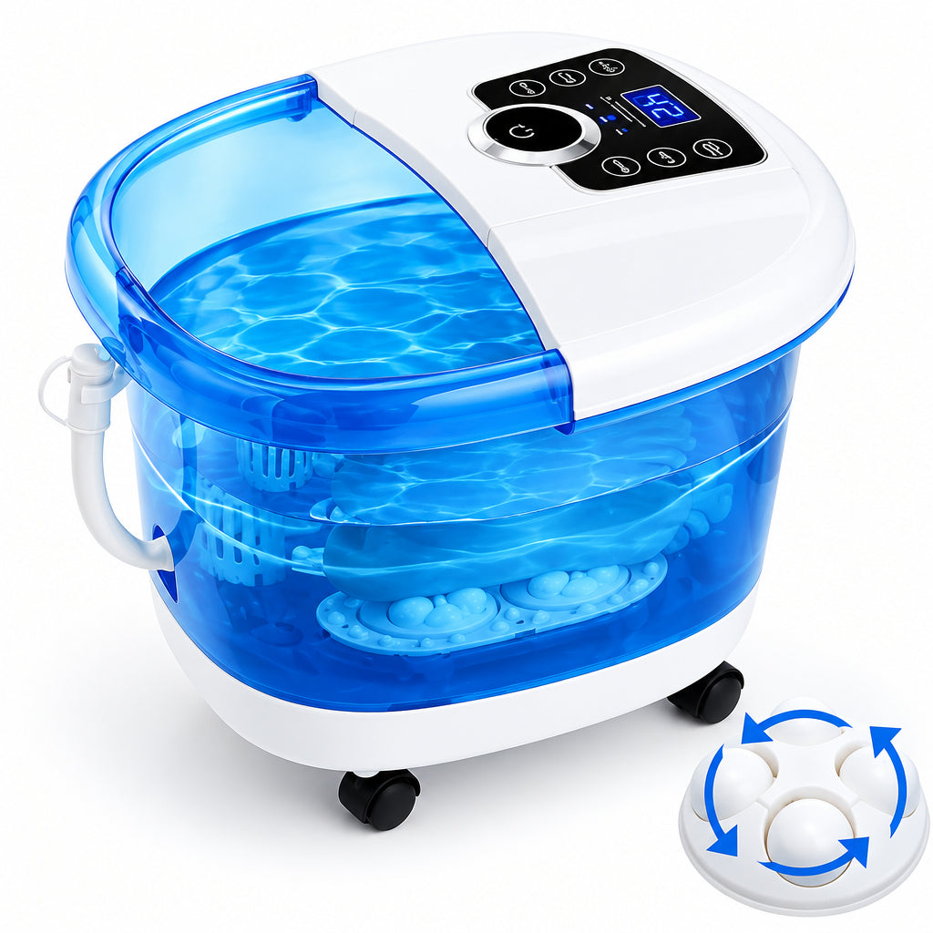 Foot Spa Massager with Heated Water and Roller Bubble Jets, Rolling Base
